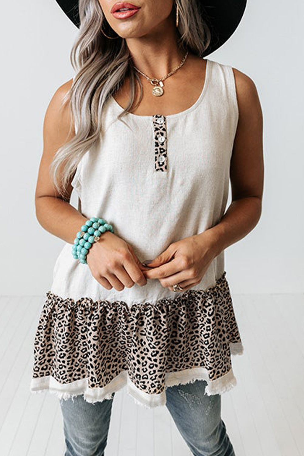 Women's White Leopard Peplum Tank Top | Button-Front, Sleeveless