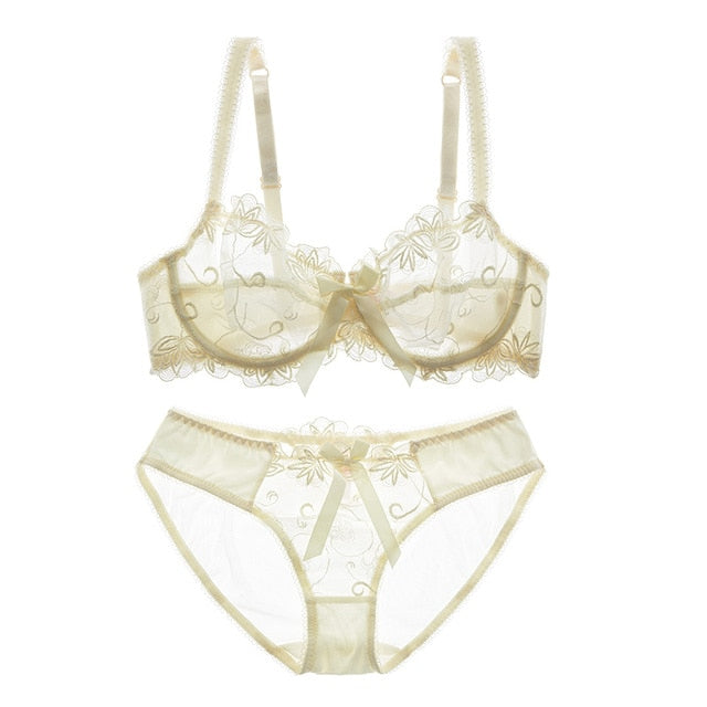Women's Floral Embroidered Bra & Panty Set | Sheer Underwire, 3/4 Cup