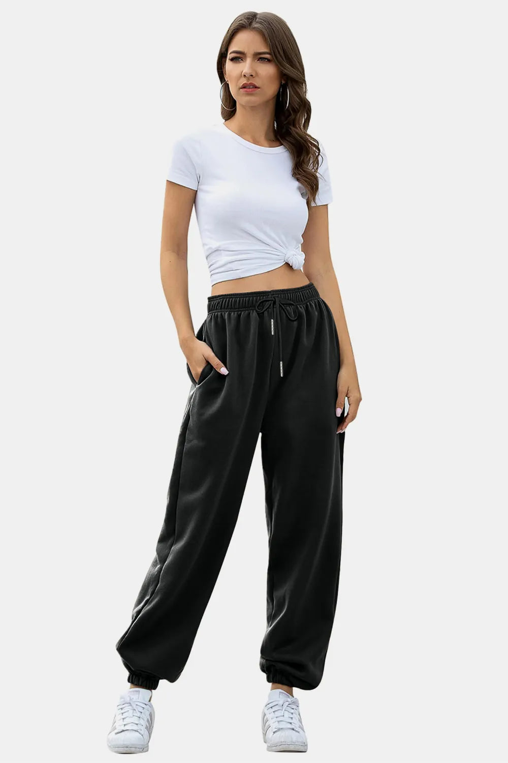 Women's High-Waist Drawstring Joggers | Pockets, Black/Gray/Tan