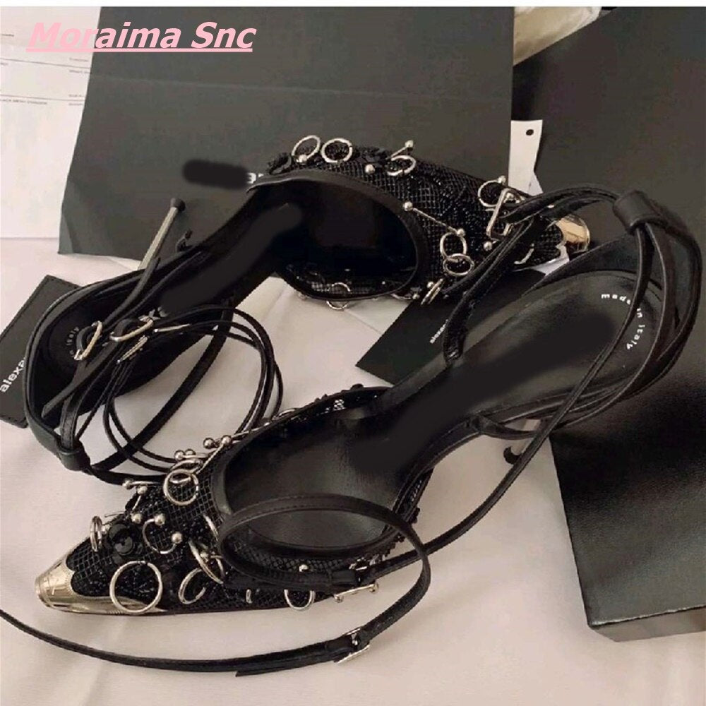 Women's Mesh Pointed Toe Stiletto Sandals | Ankle Strap, Buckle