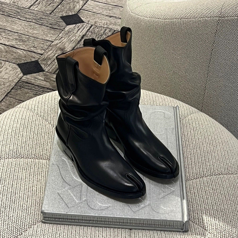 Women's Tabi Split-Toe Ankle Boots | Pleated Cowhide, Chunky Heel
