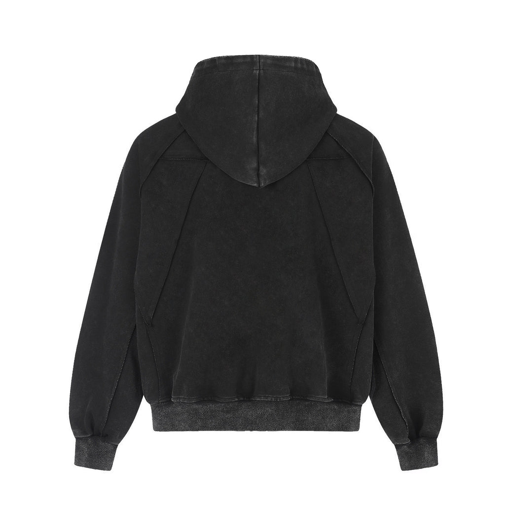 Women's Black Washed Zip-Up Hoodie | Printed, Loose Fit
