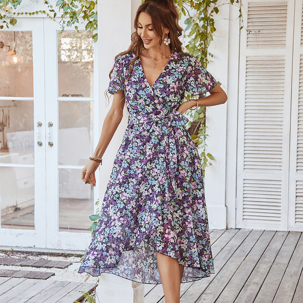 Women's Printed V-Neck Flare Dress | High Waist, Short Sleeve