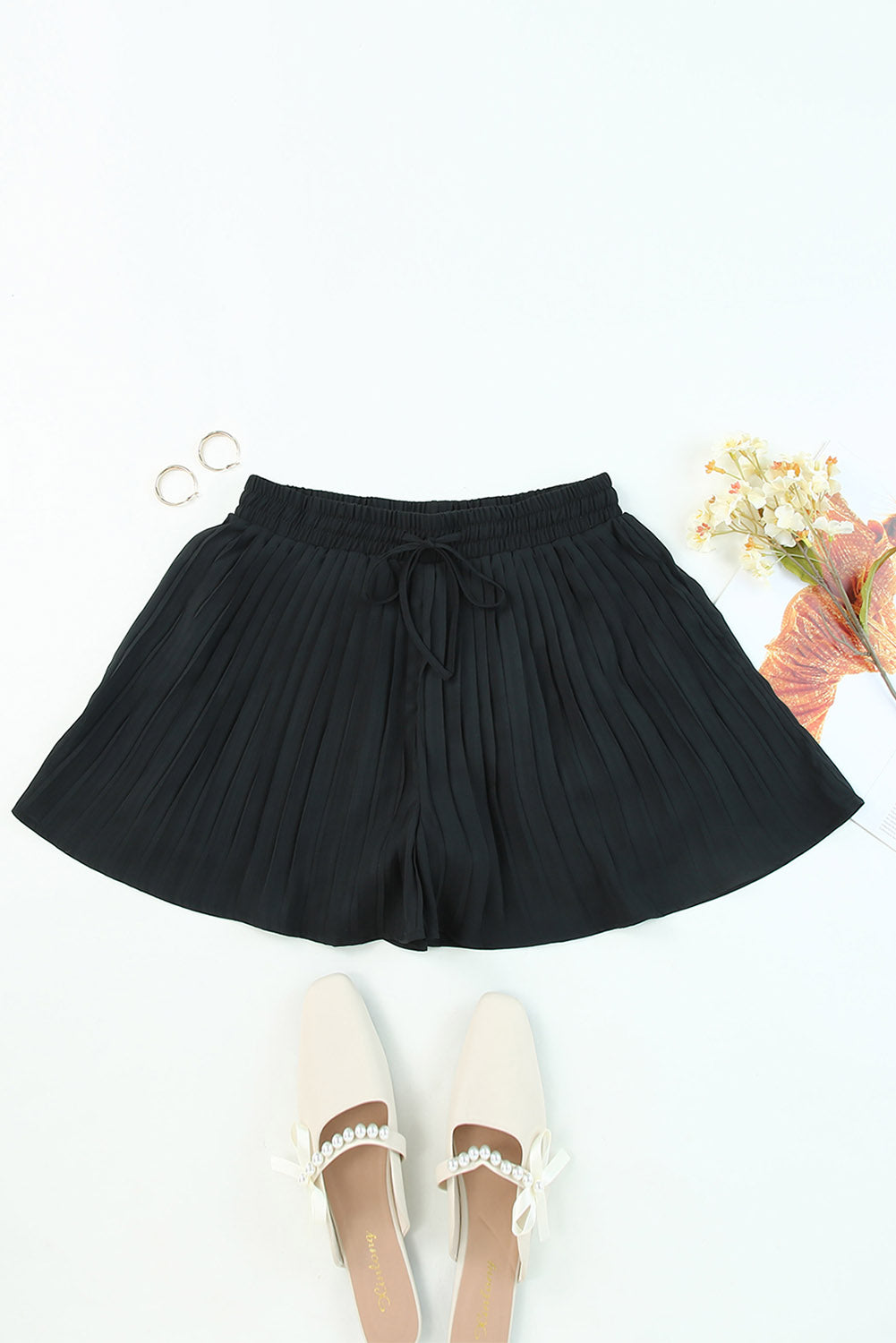 Women's Black Pleated Drawstring Shorts | Flowy Summer Shorts