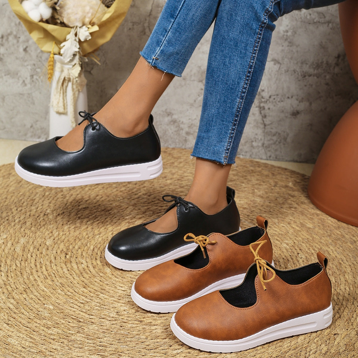 Round-Toe Front-Strap Casual Shoes for Women | Brown & Black