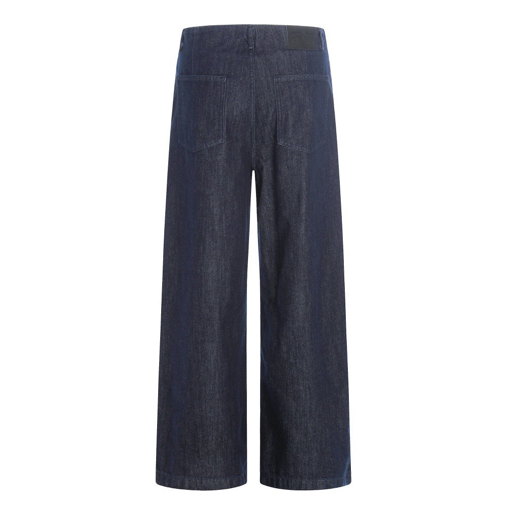 Women's Dark Blue Wide Leg Jeans | Washed Cotton Denim
