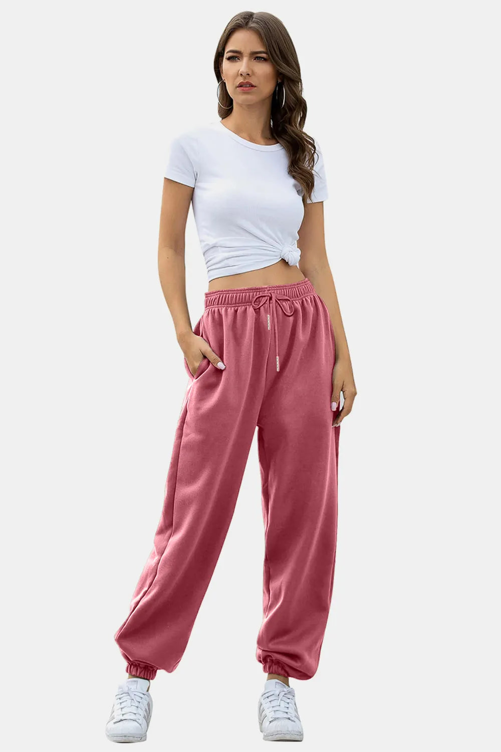 Women's High-Waist Drawstring Joggers | Pockets, Navy/Olive/Pink - Dusty Pink