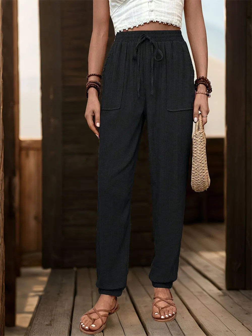 Women's Textured High Waist Joggers | Drawstring, Pockets, 5 Colors - Black