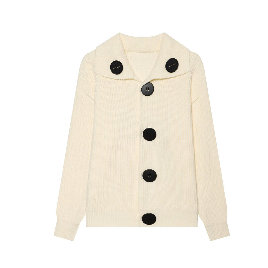 Women's Lapel Knit Sweater Jacket | Black Buttons, Beige & Orange - Beige