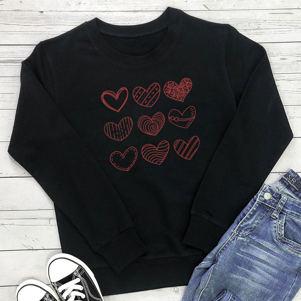 Women's Heart Print Cotton Sweatshirt | Loose Fit, Long Sleeve