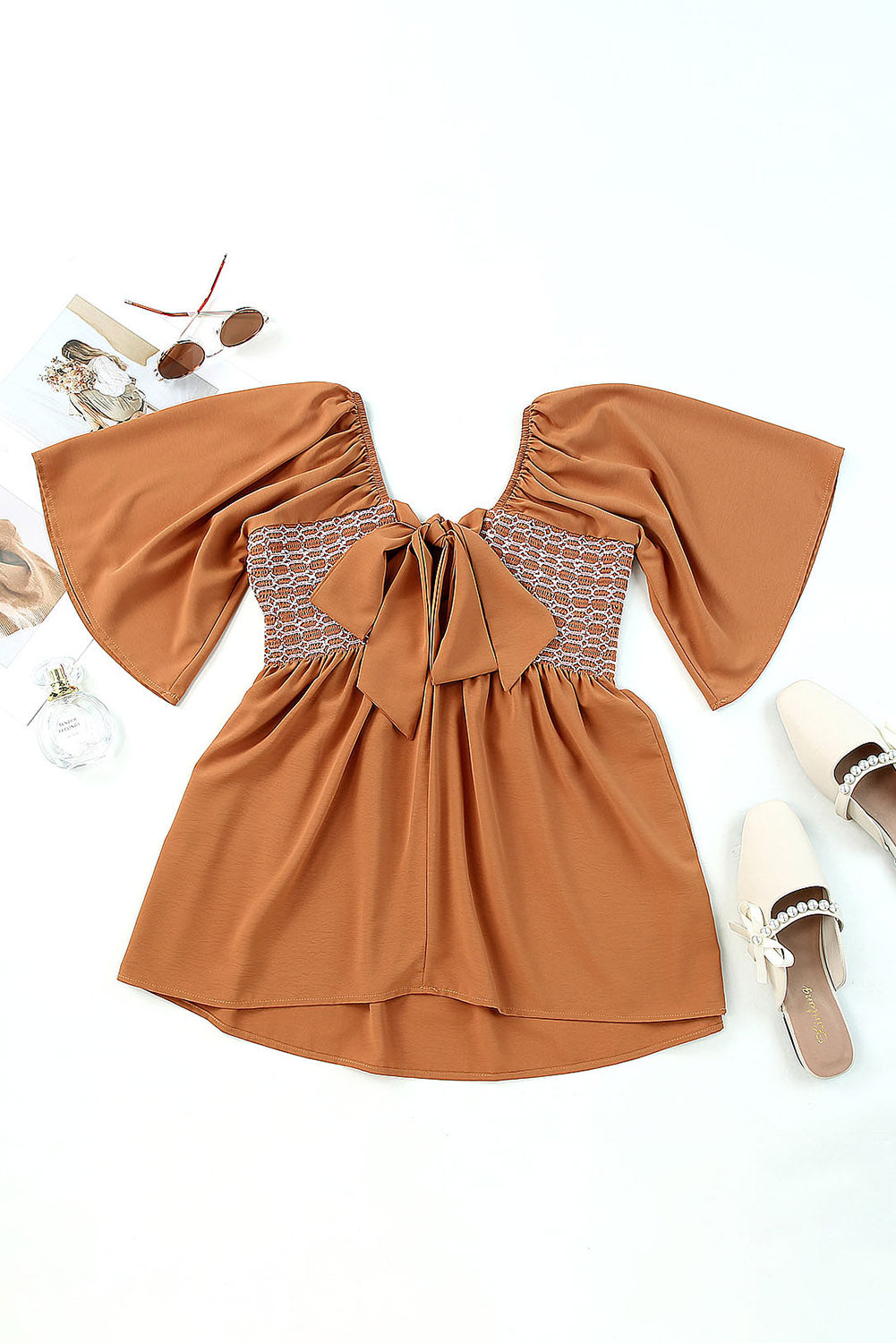 Women's Brown Square-Neck Babydoll Top | Wide-Sleeve Flowy Blouse