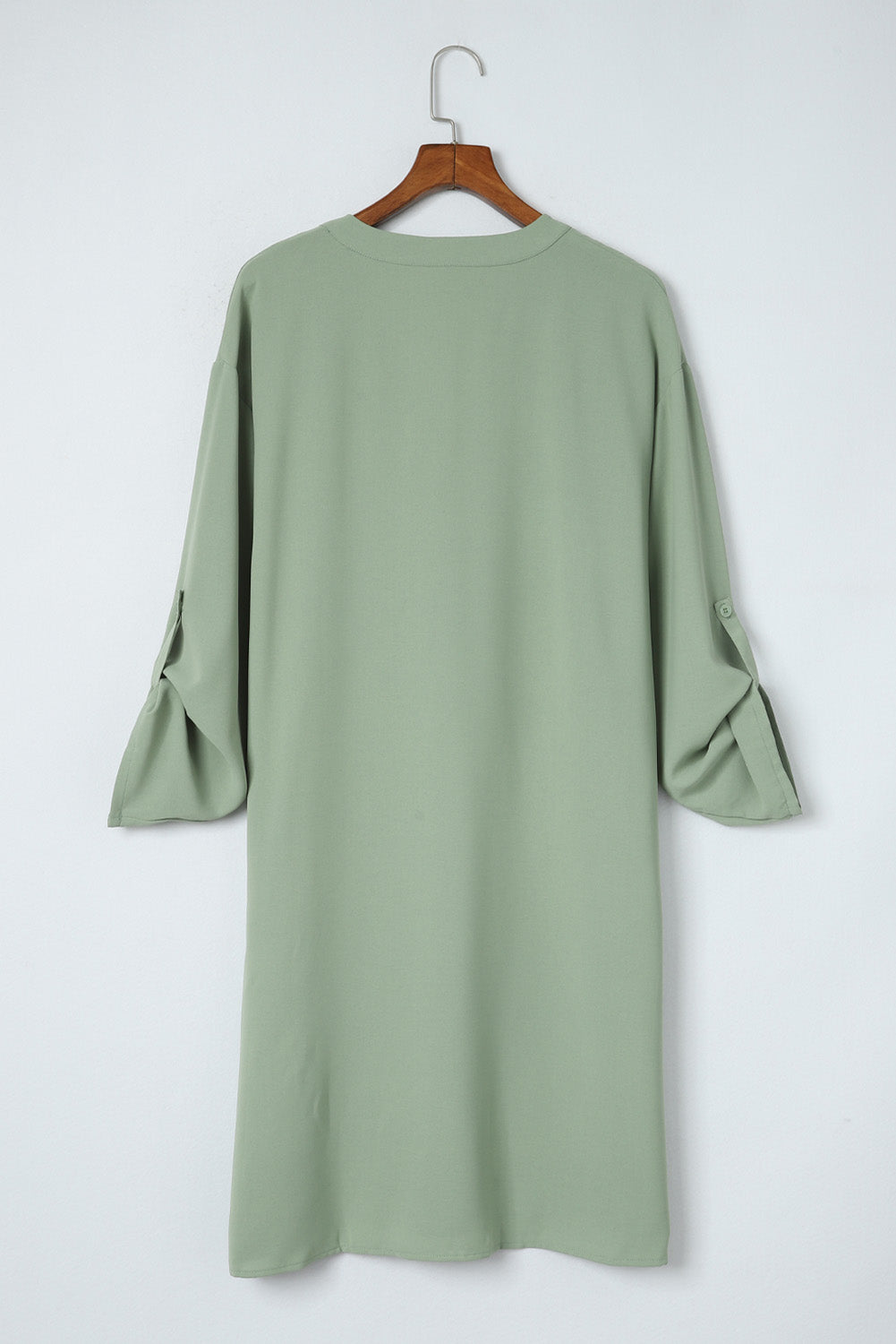 Women's Green Roll-Tab Sleeve Dress | Notched V-Neck, Flowy