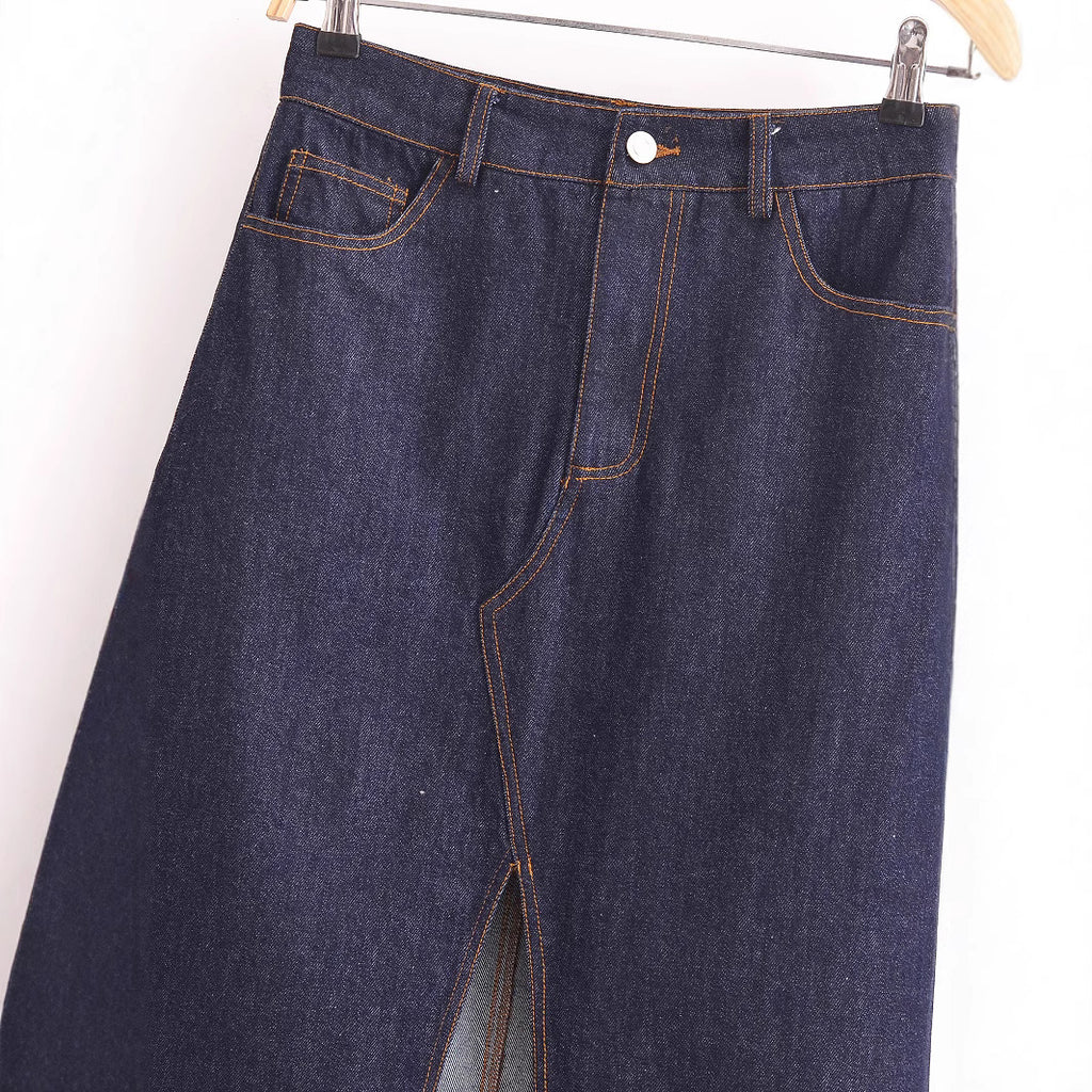 Women's Blue Denim Midi Skirt | Patchwork, Non-Stretch