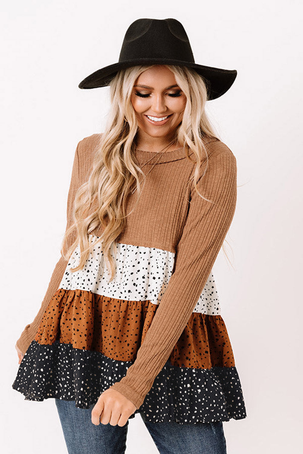 Women's Brown Tiered Ruffle Top | Ribbed Long-Sleeve Flowy Blouse