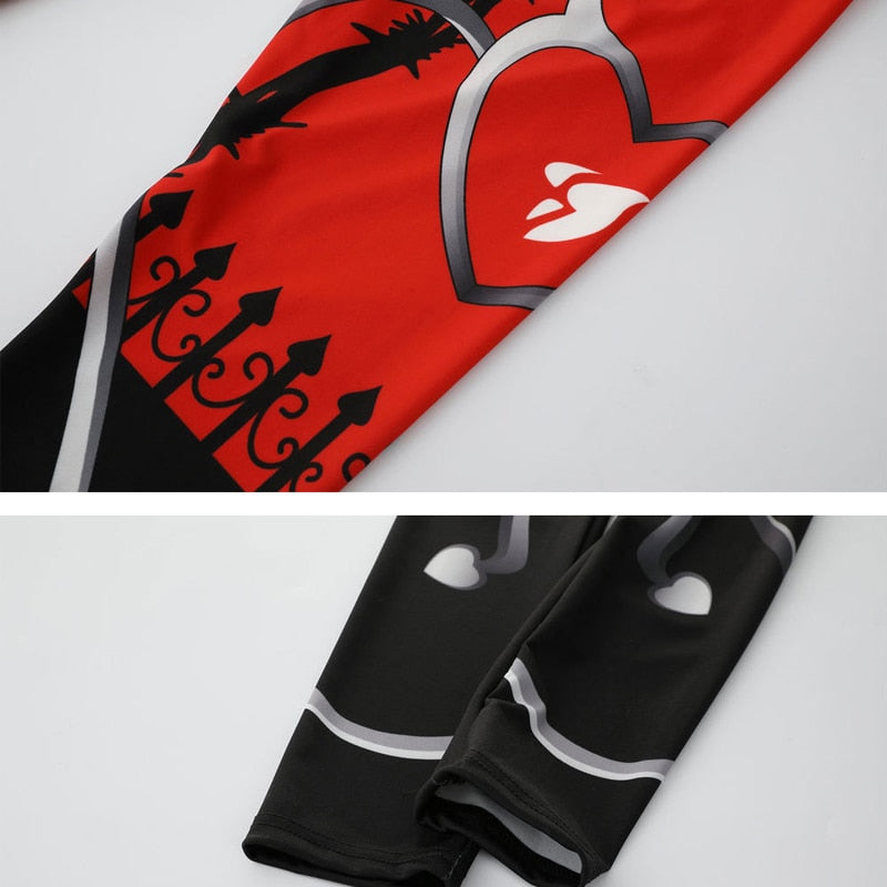 Women's Heart Print Patchwork Leggings | Red & Black, Mid-Calf