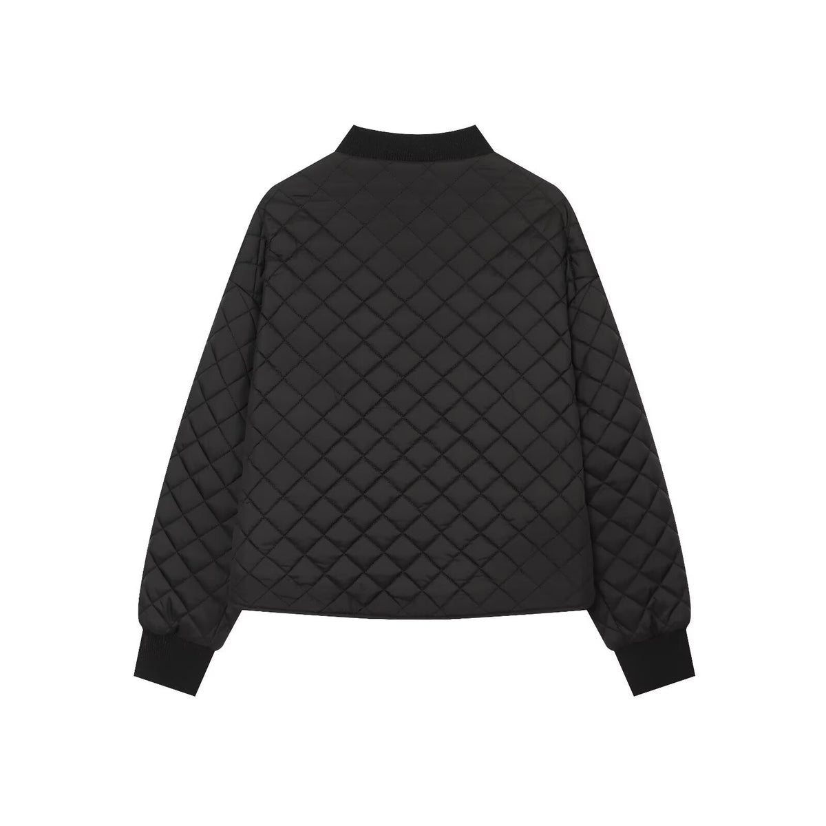 Women's Diamond Pattern Zip Jacket | Stand Collar, Beige & Black - Black