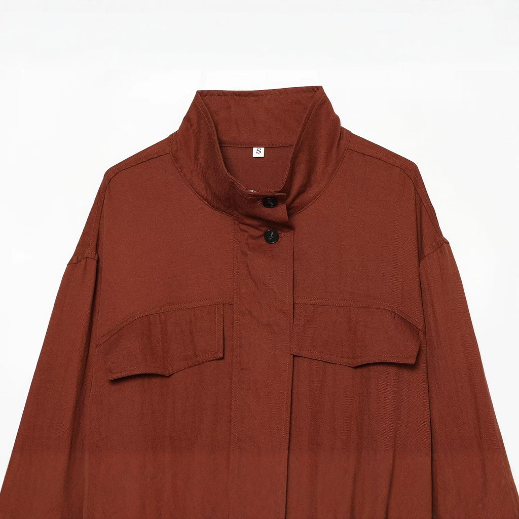 Women's Loose Stand Collar Zip Jacket | Pockets, Dark Red
