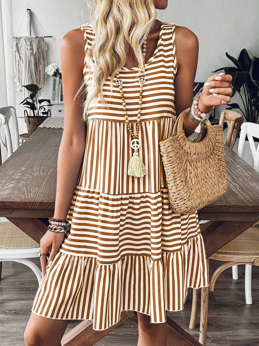 Women's Striped Sleeveless Midi Dress | Loose Fit, Brown or Blue - Blue