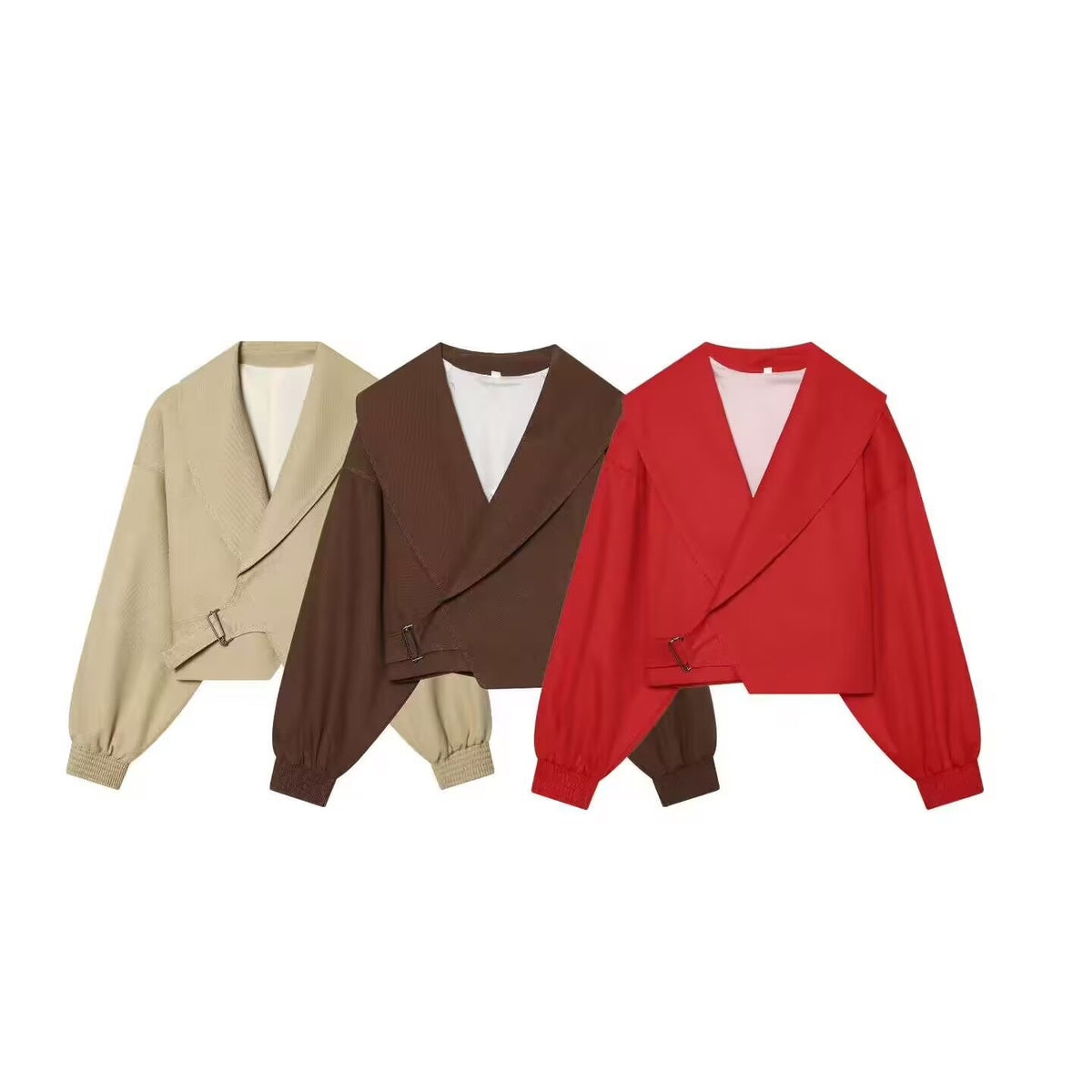 Women's Irregular Buckle Lapel Jacket | Polyester, 3 Colors - Red