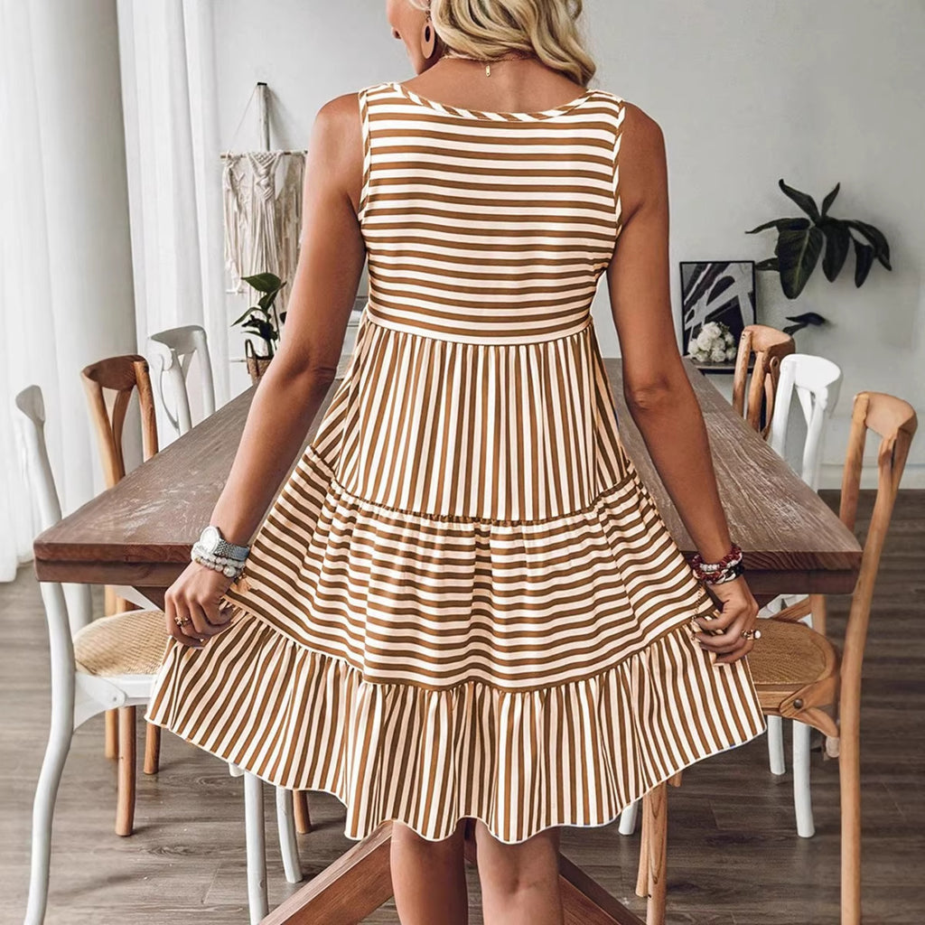 Women's Striped Sleeveless Midi Dress | Loose Fit, Brown or Blue - Brown