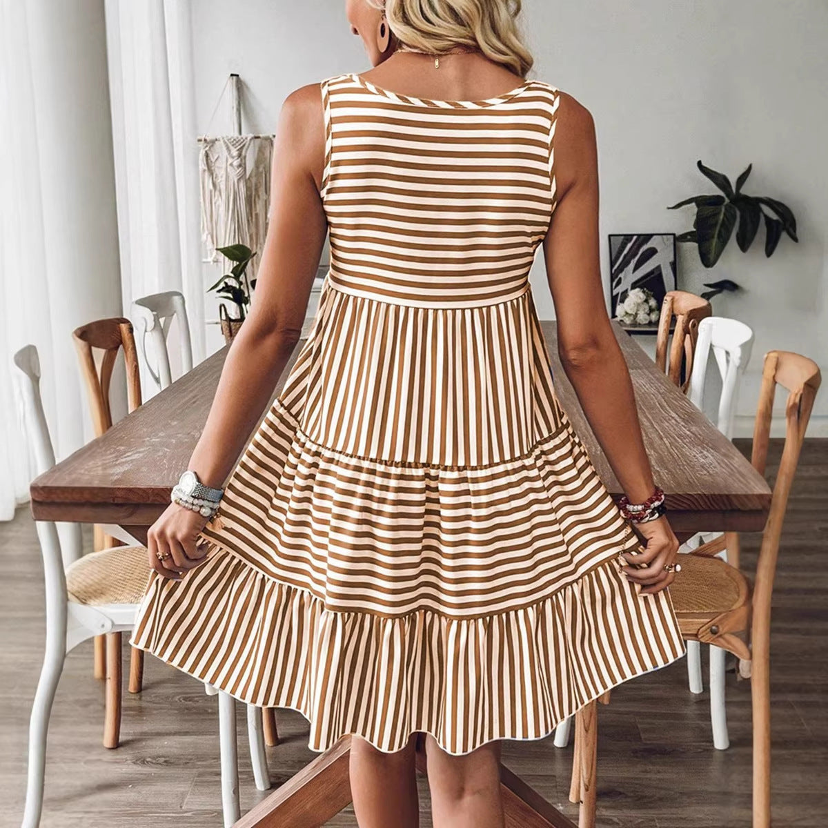 Women's Striped Sleeveless Midi Dress | Loose Fit, Brown or Blue - Brown