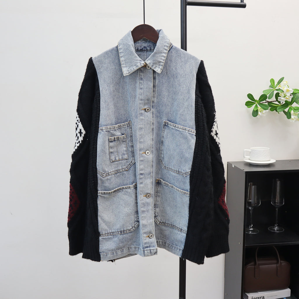 Women's Color Block Flip Collar Jacket | Loose Fit, One Size