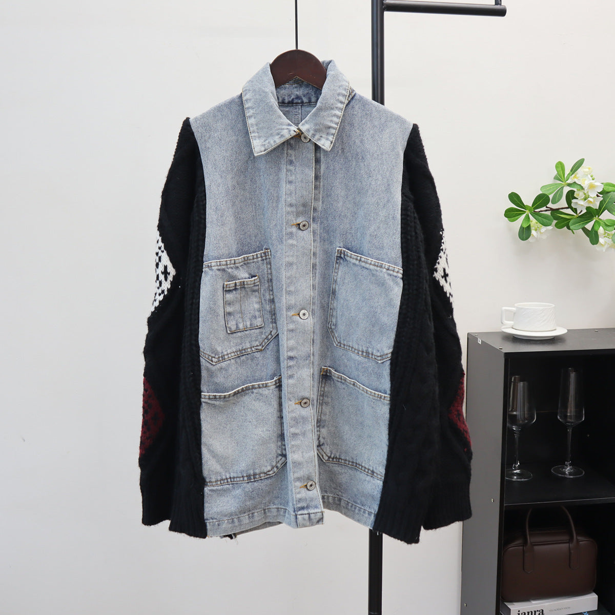 Women's Color Block Flip Collar Jacket | Loose Fit, One Size