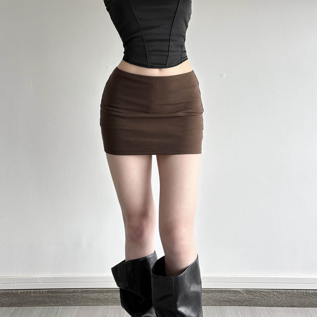 Women's Brown Bodycon Mini Skirt | Stretch Polyester