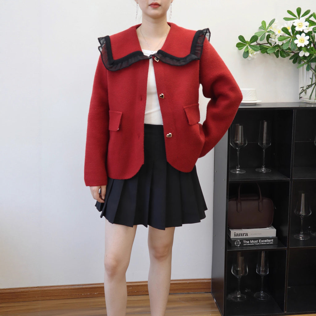 Women's Doll Collar Heart Pattern Jacket | Single-Breasted, One Size