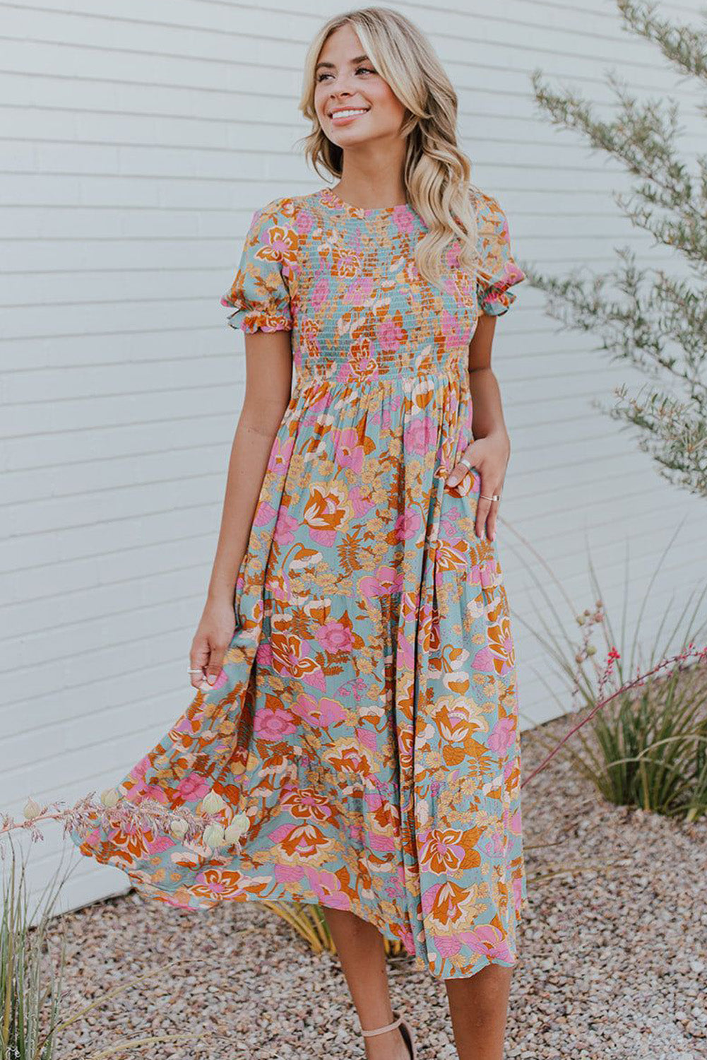 Women's Sky Blue Floral Smocked Ruffle Dress | Bubble Sleeves