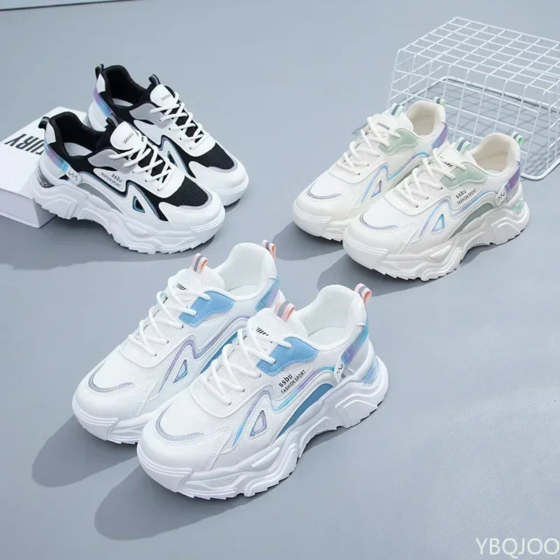 Women's Chunky Platform Sneakers | Lace-Up, Beige, Black or White