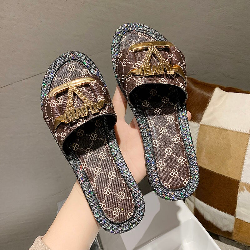 Women's Flat Flip Flop Sandals | Metal Letter Detail, 3 Colors