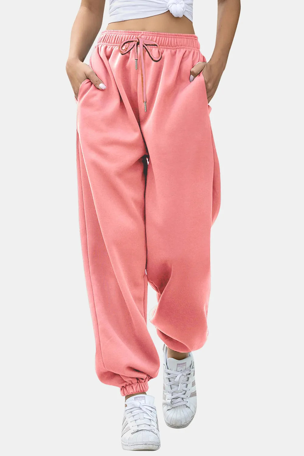 Women's High-Waist Drawstring Joggers | Pockets, Navy/Olive/Pink - Deep Red