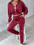 Zip Up Long Sleeve Cropped Top and Joggers Set - Black