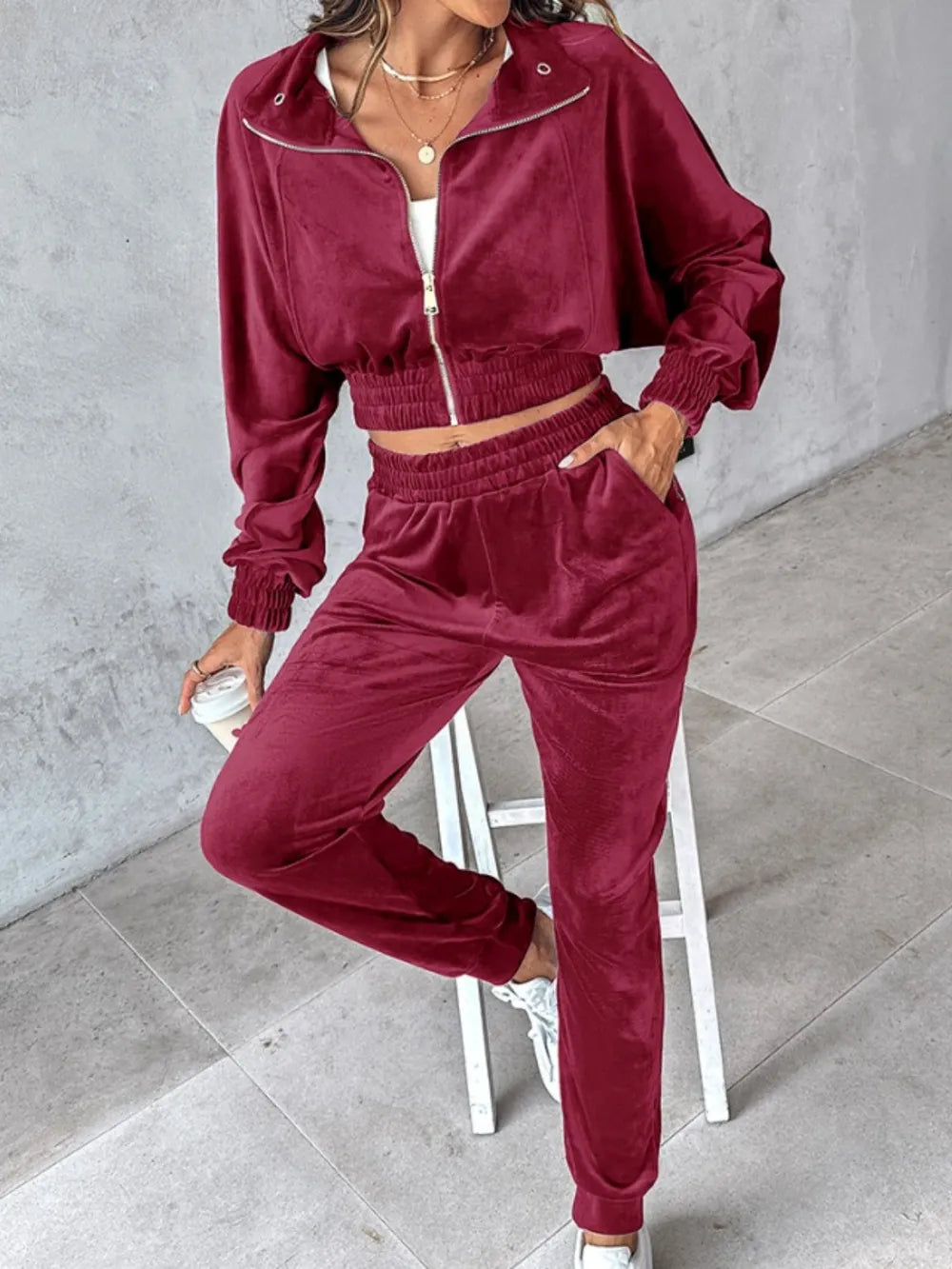 Zip Up Long Sleeve Cropped Top and Joggers Set - Black