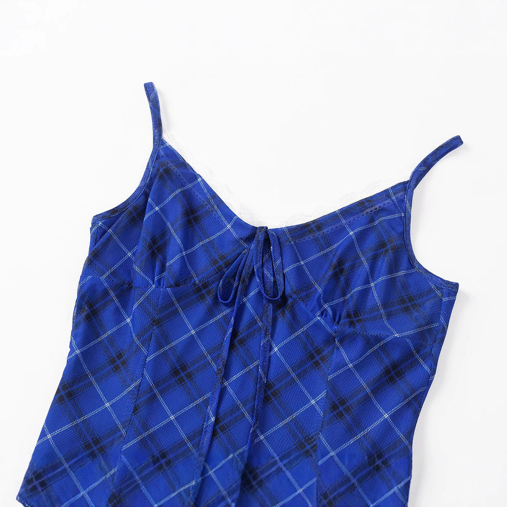 Women's Blue Plaid Strapless Long Dress | Polyester & Spandex
