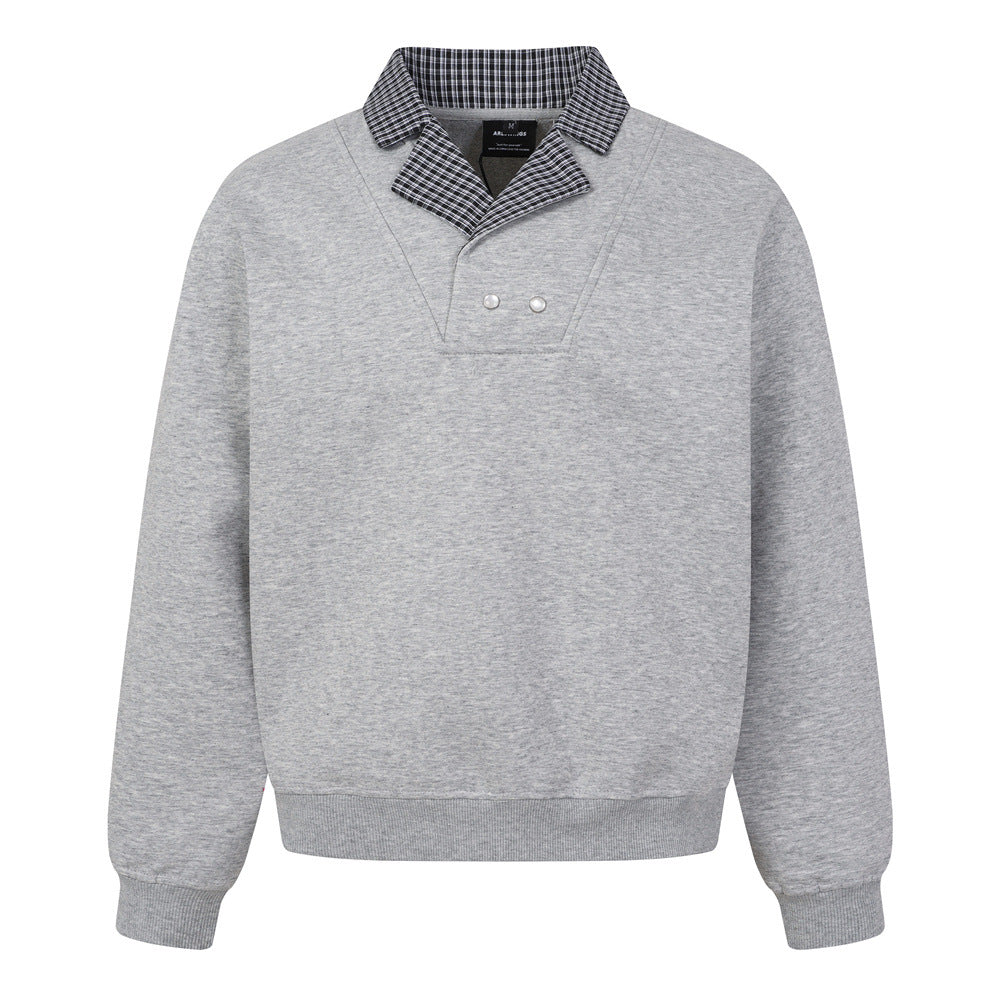 Faux Two-Piece Cross Collar Sweatshirt | Button Detail, Grid Pattern