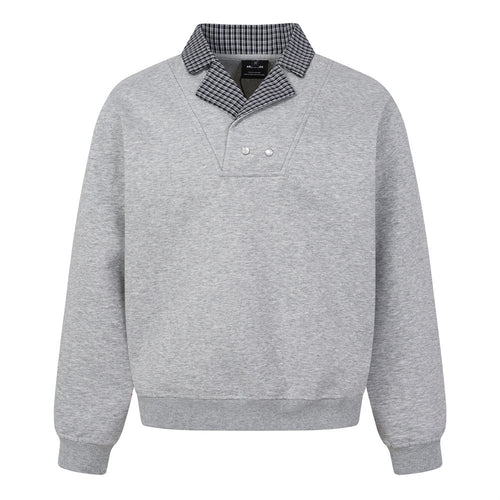 Faux Two-Piece Cross Collar Sweatshirt | Button Detail, Grid Pattern