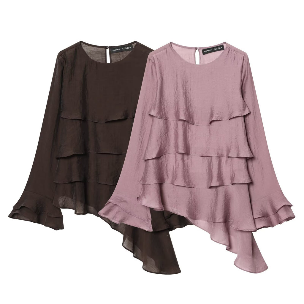 Women's Asymmetric Layered Long-Sleeve Top | Pink & Brown