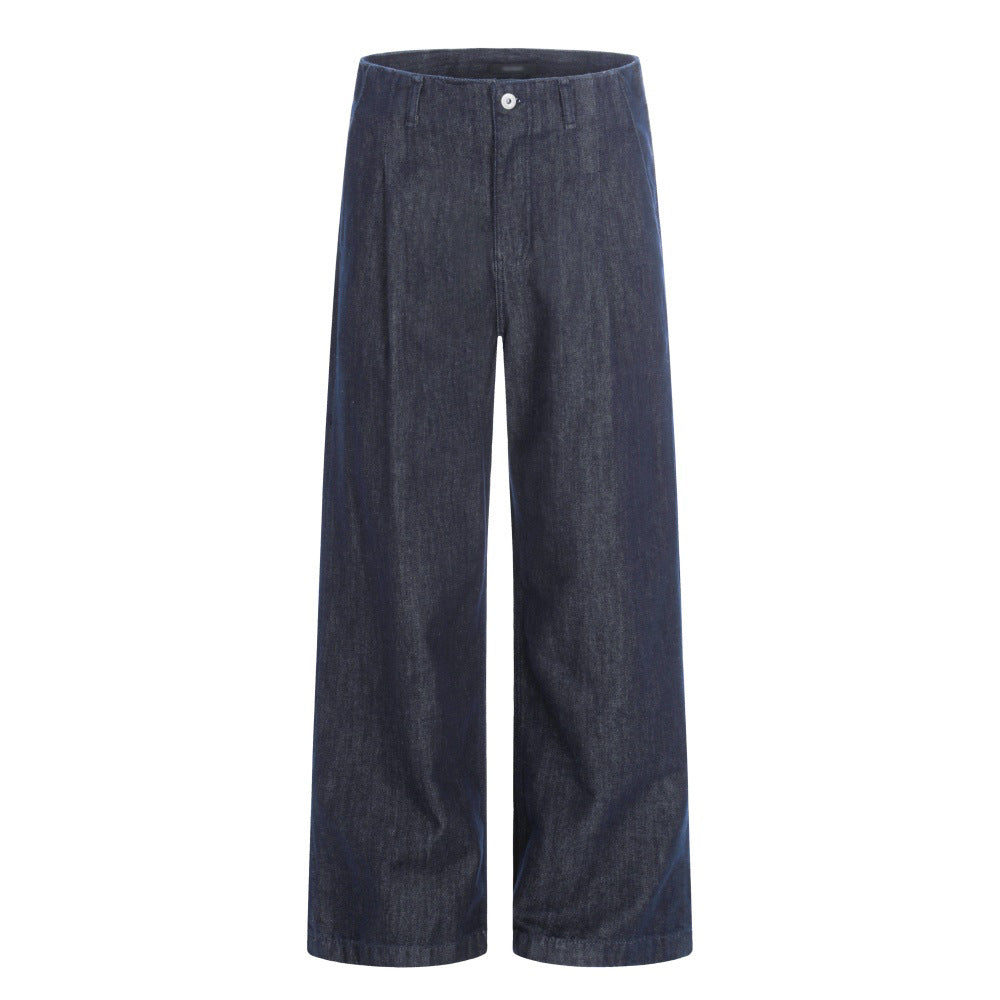 Women's Dark Blue Wide Leg Jeans | Washed Cotton Denim