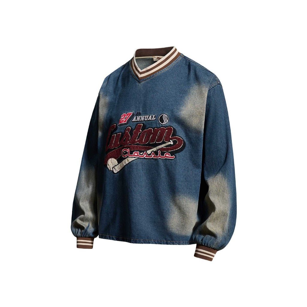 Women's Blue Distressed Embroidered Letter Hoodie | Cotton, Loose Fit