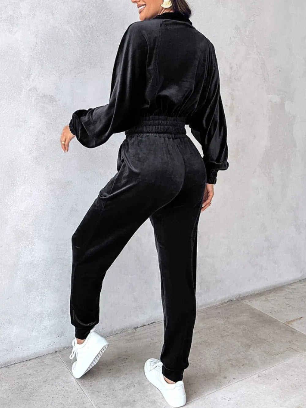 Zip Up Long Sleeve Cropped Top and Joggers Set - Navy