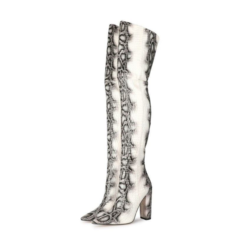 Women's Snake Print Over-the-Knee Boots | 11cm Thick Heel