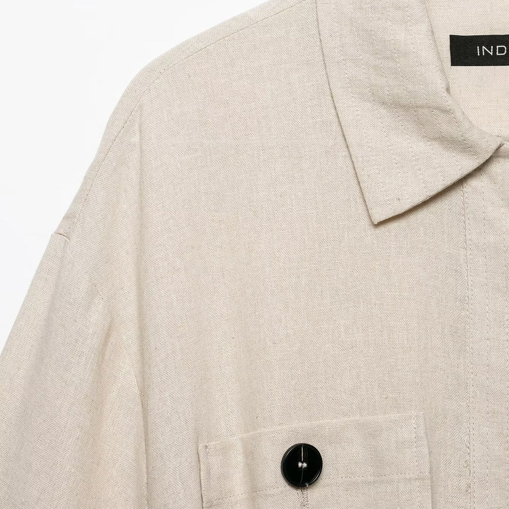 Women's Linen Belted Short Sleeve Jacket | Turn-Down Collar, Beige