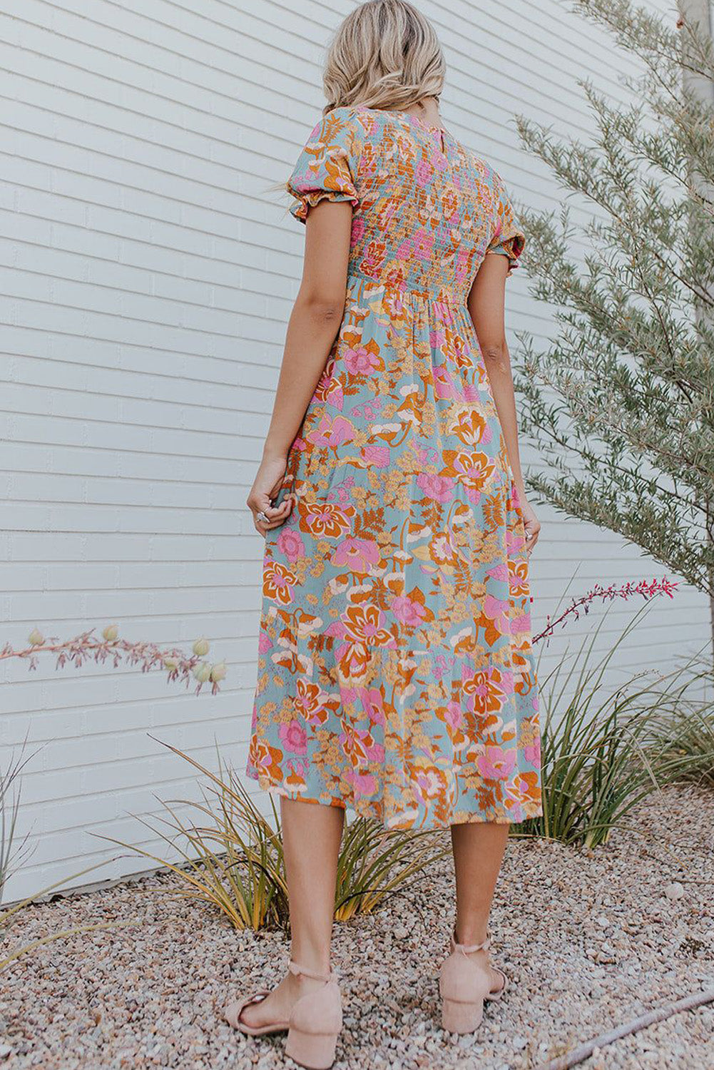 Women's Sky Blue Floral Smocked Ruffle Dress | Bubble Sleeves