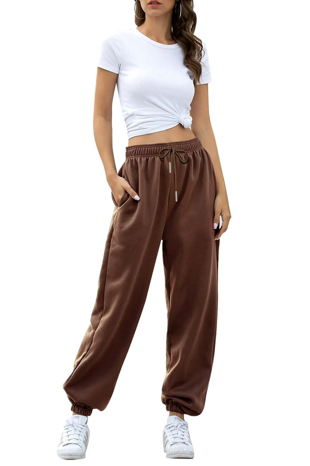 Women's High-Waist Drawstring Joggers | Pockets, Black/Gray/Tan