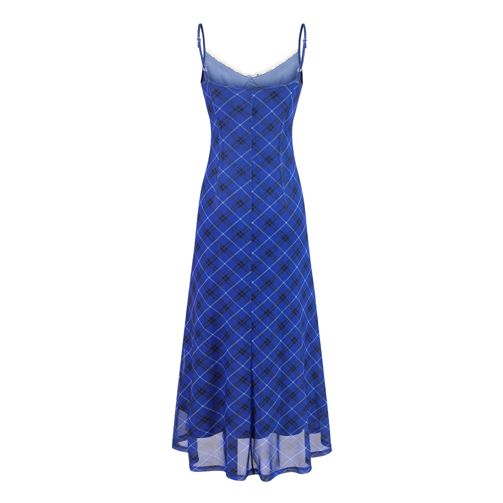Women's Blue Plaid Strapless Long Dress | Polyester & Spandex
