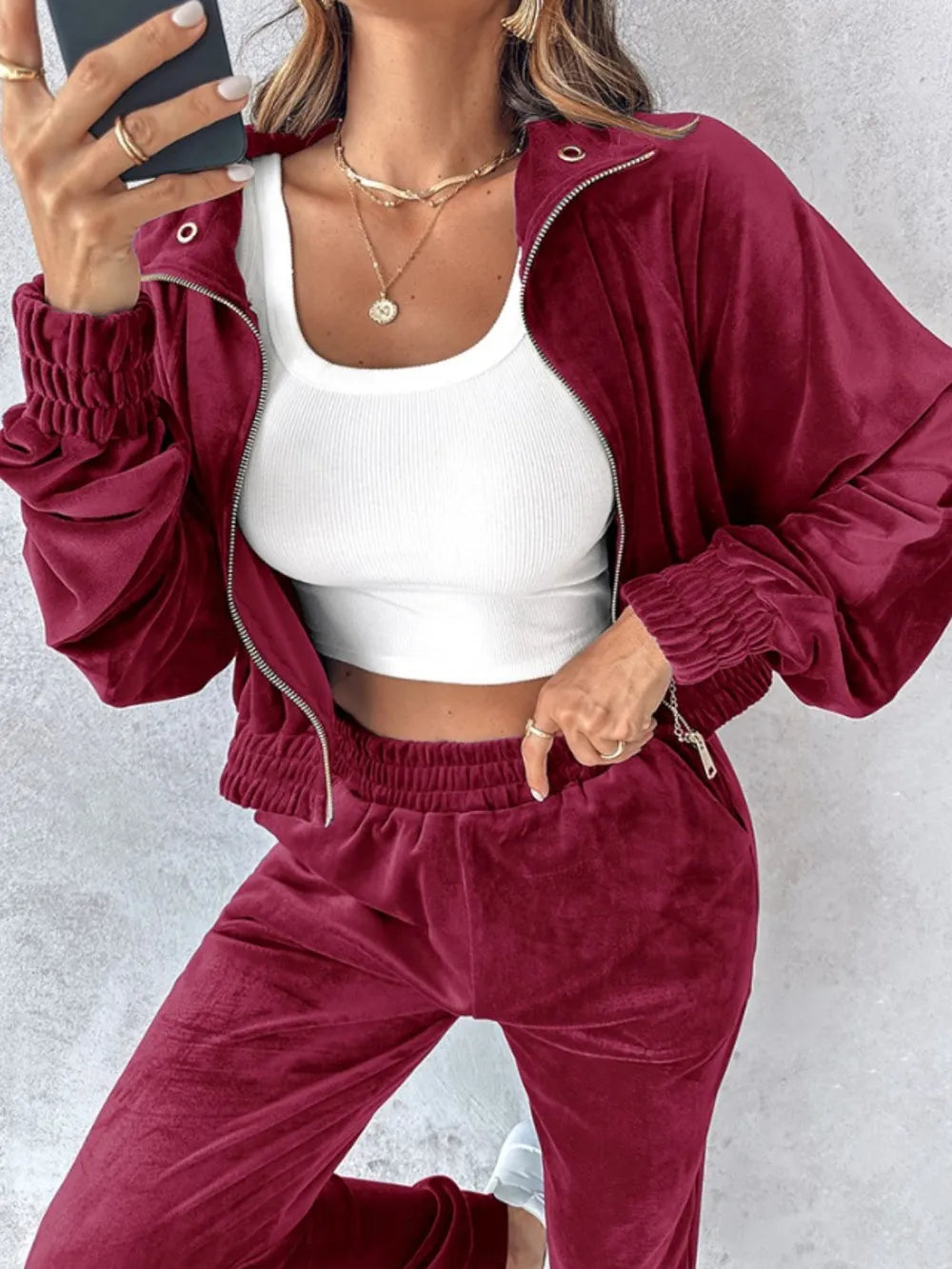 Zip Up Long Sleeve Cropped Top and Joggers Set - Navy