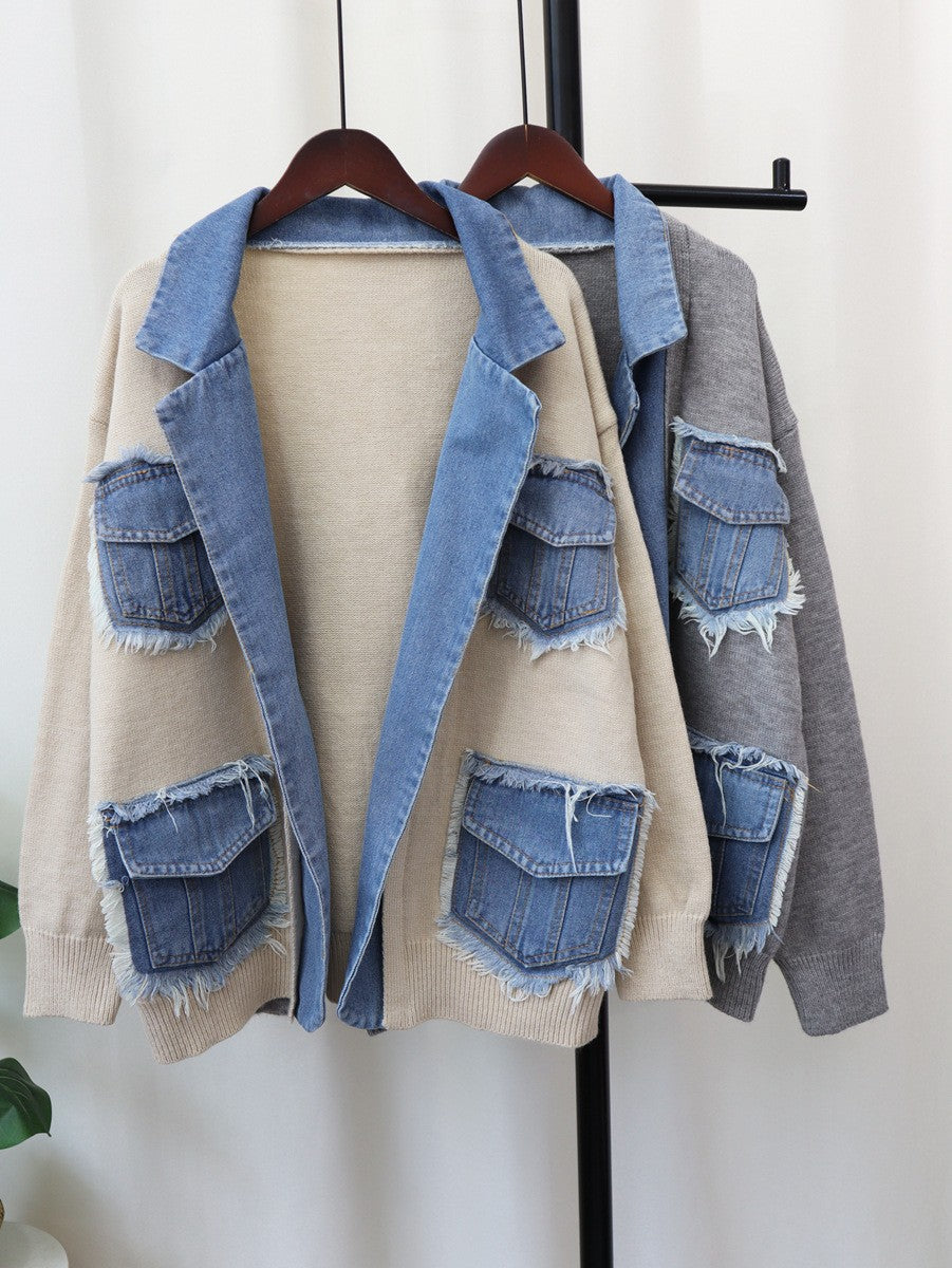 Women's Patchwork Cardigan Sweater | Flip Collar, One Size, 3 Colors