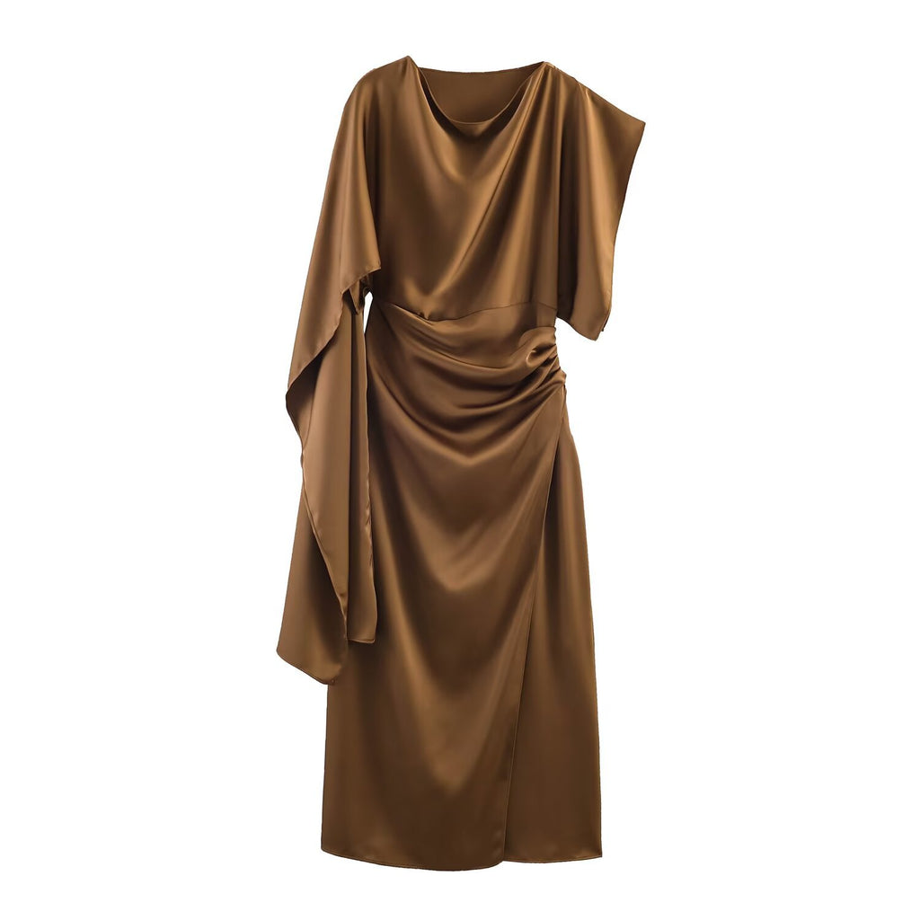 Women's Satin Asymmetric Layered Dress | Long Sleeve, Dark Brown